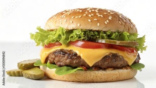 Fototapeta Closeup Front View Fresh Tasty Beef and Cheese Burger Isolated on White Background
