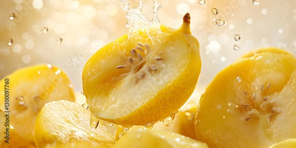 Fototapeta Golden Yellow Pears with Fresh Water Droplets Showcasing Their Natural Sweetness and Juicy Texture in a Stunning Macro Close-Up

