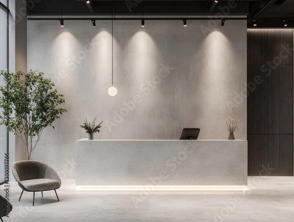 Fototapeta A modern minimalist reception area featuring a reception desk