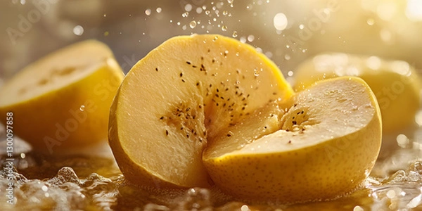 Fototapeta Golden Yellow Pears with Fresh Water Droplets Showcasing Their Natural Sweetness and Juicy Texture in a Stunning Macro Close-Up

