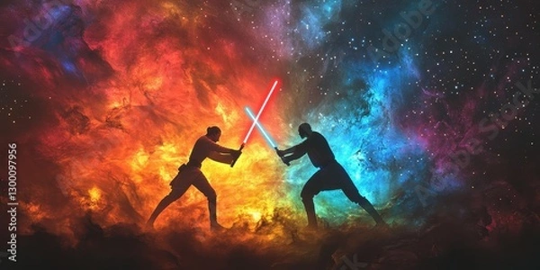 Fototapeta Two figures duel using glowing lightsabers amidst cosmic nebula