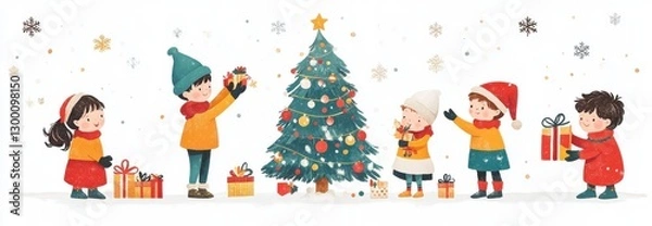 Fototapeta Children Celebrating Christmas Around Decorated Tree with Presents