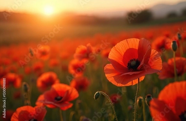 Fototapeta Vibrant poppy field in bloom at sunset. A symbol of remembrance and sacrifice. Red poppies with green stems and flower buds under warm sunlight. Memorial day background.