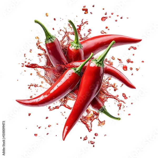 Fototapeta Red hot chili peppers splash isolated on transparent and white background, clipping path.