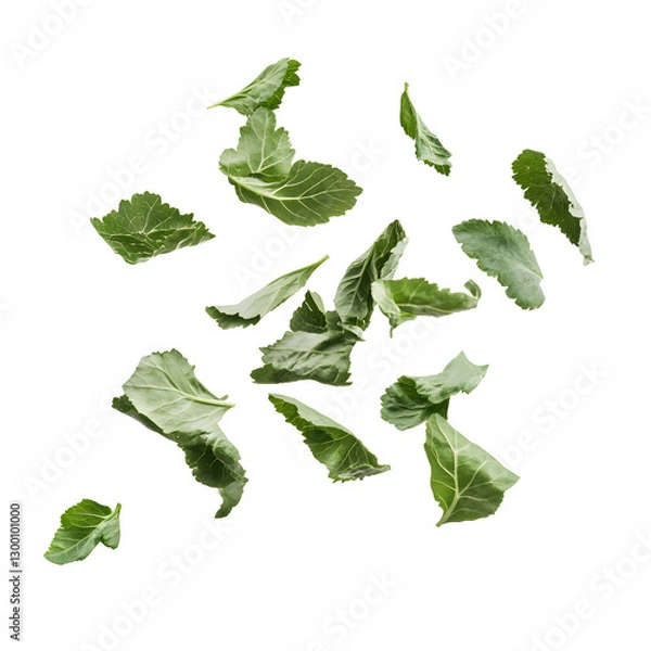 Fototapeta Fresh, green leafy kale leaves in mid-air, isolated on white.
