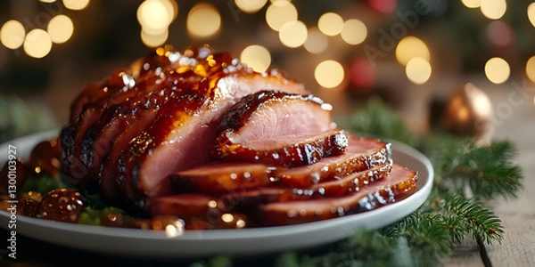 Fototapeta Deliciously Glazed Roasted Ham with a Smoky and Juicy Texture, Perfectly Sliced and Served in a Gourmet Setting with a Warm and Inviting Ambiance