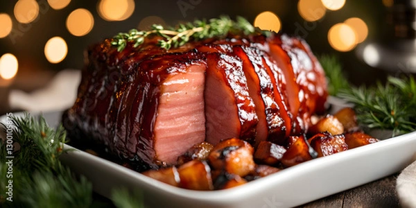 Fototapeta Deliciously Glazed Roasted Ham with a Smoky and Juicy Texture, Perfectly Sliced and Served in a Gourmet Setting with a Warm and Inviting Ambiance