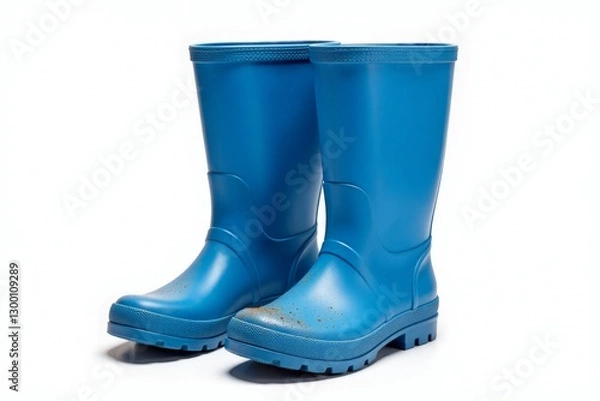Fototapeta Bright blue rubber boots, front view, isolated on white.