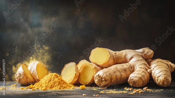 Obraz Fresh Ginger and Turmeric Roots with Powder.