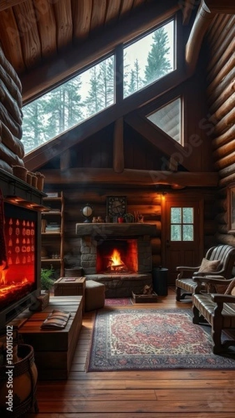Fototapeta  Traditional Log Cabin with Cozy Fireplace, Set in the Heart of the Mountains