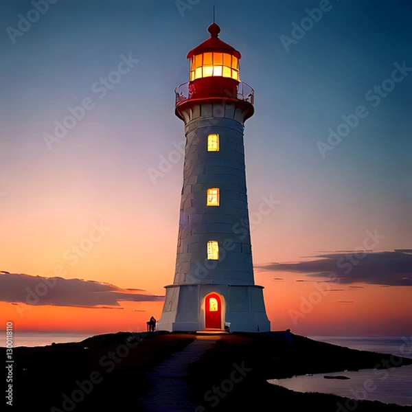 Obraz A lighthouse glowing with magical runes carved into its surface Generative AI
