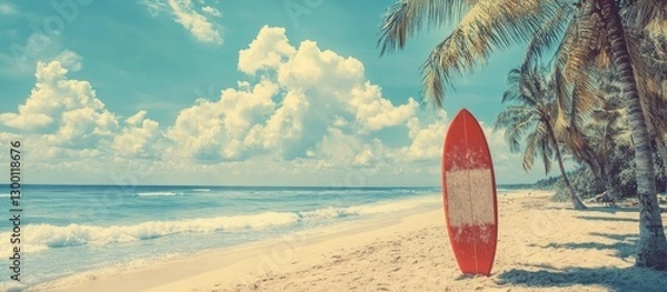 Fototapeta Vibrant tropical beach scene featuring a red surfboard on golden sand with palm trees, turquoise water, and fluffy clouds under a bright sky.
