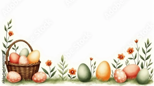 Fototapeta Watercolor Easter Basket Overflowing with Patterned Eggs and Delicate Floral Accents A Whimsical Celebration of Spring