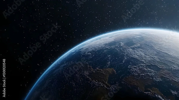 Fototapeta Blue Earth Globe in Space with City Lights Showing Earth's Atmosphere and Countless Stars