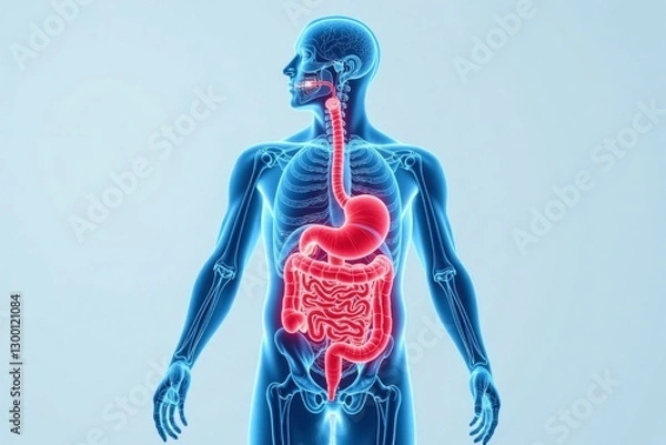 Obraz A detailed human digestive system depicted within a blue male figure, illustrating anatomy and biological function.