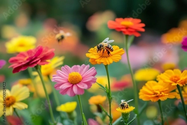 Fototapeta Vibrant Colorful Flower Meadow with Busy Honeybees Pollinating