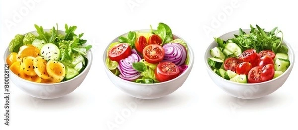 Fototapeta Three vibrant salads in white bowls featuring greens and colorful vegetables like tomatoes, cucumbers, and purple onions on a bright background.