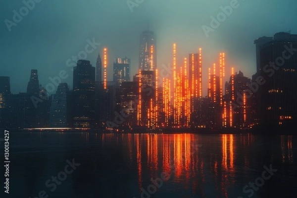 Obraz Cityscape at Dusk Orange Lights Reflecting on Water