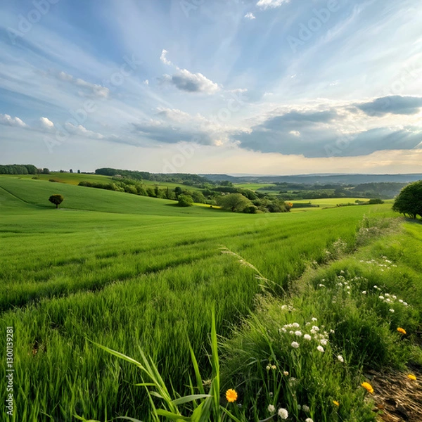 Obraz A vast, lush green field stretching to the horizon, bathed in natural sunlight, with a clear blue sky overhead