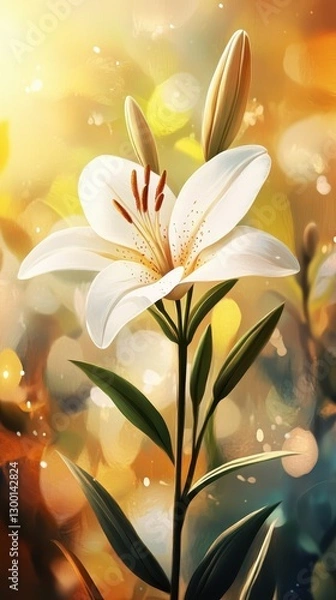Obraz A Delicate White Lily Displayed Against a Golden Bokeh Background