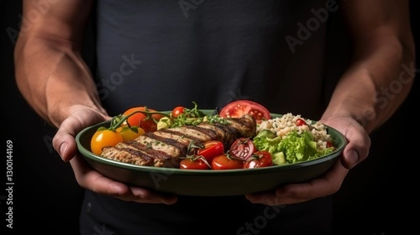 Fototapeta close shot of athlete man's hands holding diet plate. Generative ai