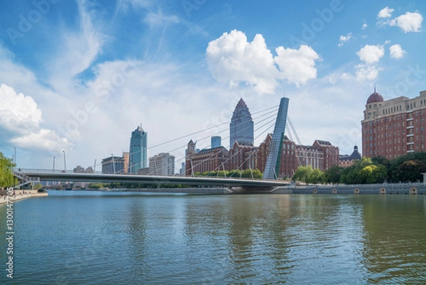 Obraz The urban architectural skyline, modern bridges, and Haihe River scenery of Tianjin, China on August 11, 2024