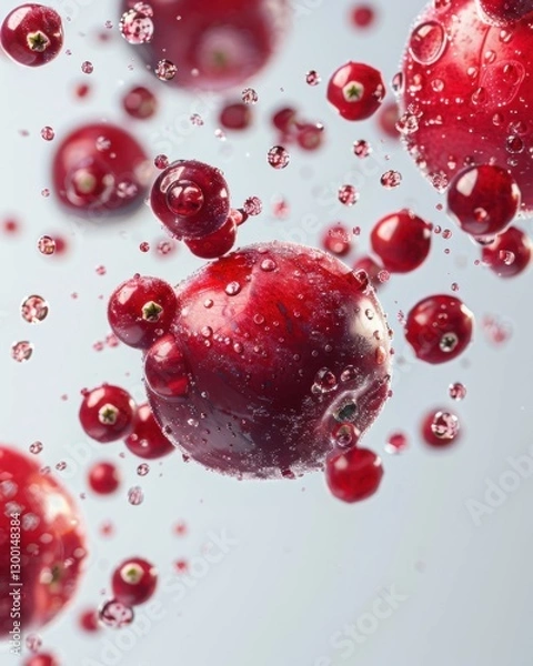 Obraz Floating Fresh Cranberries – Vibrant Red with Water Droplets in Mid-Air