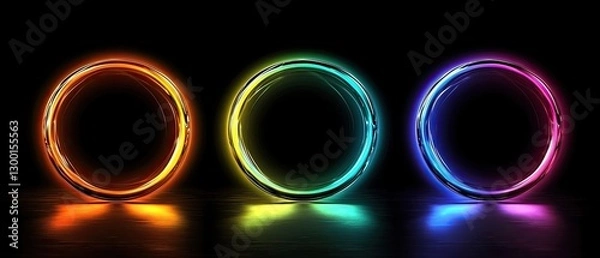 Fototapeta Three glowing rings in vibrant colors against a dark background, creating a mystical and futuristic appearance.