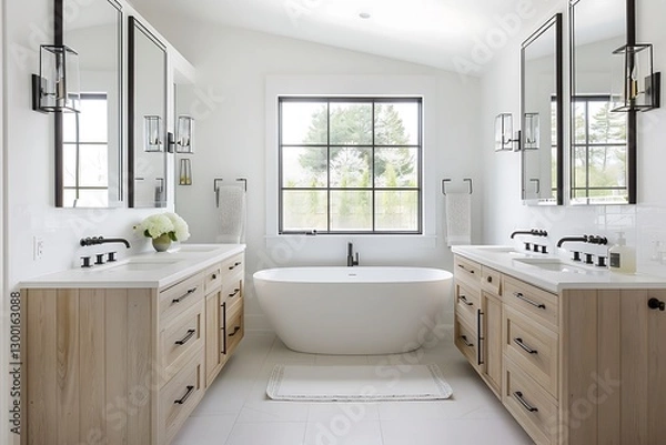Fototapeta Modern farmhouse bathroom, large vanity, double mirrors, central bathtub, white walls, light wood cabets, wdow,
