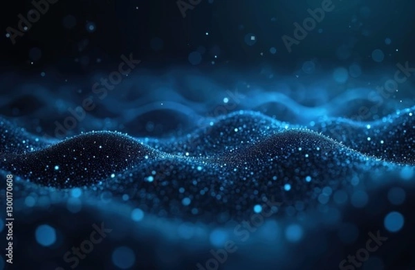 Obraz Monochromatic digital artwork shows network in blue shades on dark blue background. Image include bokeh. Tech abstract cyberspace web connections data for business IT concepts.