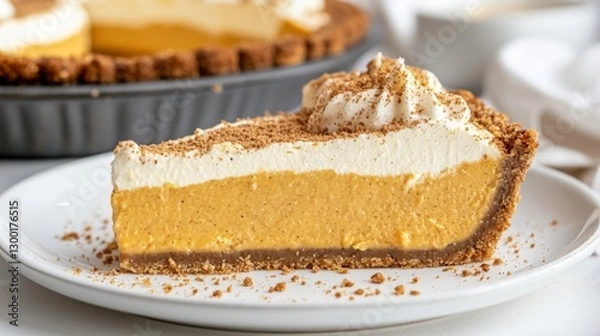 Fototapeta A close-up of a slice of pumpkin custard pie with a graham cracker crust, rich and creamy. --chaos 20 --ar 16:9 --quality 2 --v 6.1 Job ID: a8452939-a201-4d4d-8a63-08dad26f646b