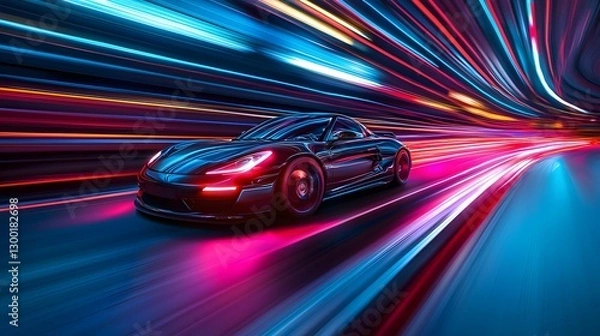 Fototapeta Speeding Sports Car Illuminated by Neon Lights in Dynamic Urban Scene