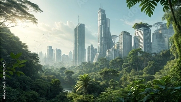 Fototapeta Futuristic Cityscape Emerging from Lush Jungle Digital Art, Cyberpunk, Eco-City, Greenery Cyberpunk, Eco-Architecture