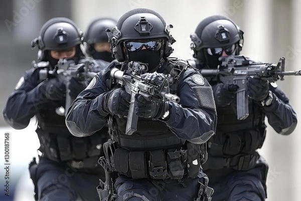 Fototapeta Elite tactical team in black gear advancing with firearms in an urban environment, showcasing readiness