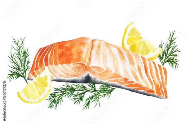 Obraz Watercolor illustration of salmon fillet with lemon slices and dill garnish
