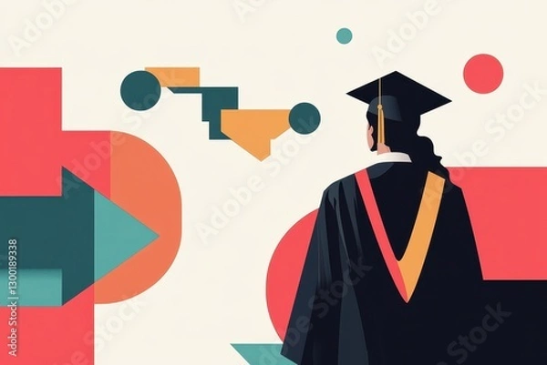 Obraz A graduate in cap and gown looks towards abstract shapes