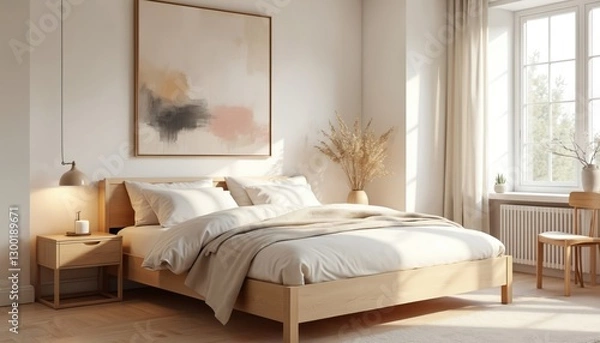 Fototapeta Scandinavian bedroom interior in beige tones features wooden bed, stylish lamp, decor. Comfortable, elegant space evokes cosy, luxury apartment with modern furniture. Minimalist design for house