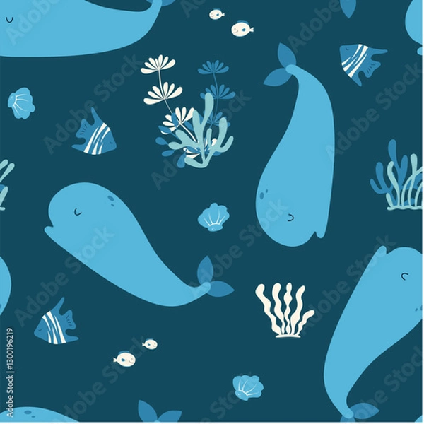 Obraz Seamless pattern with cute whales and seaweed. 
