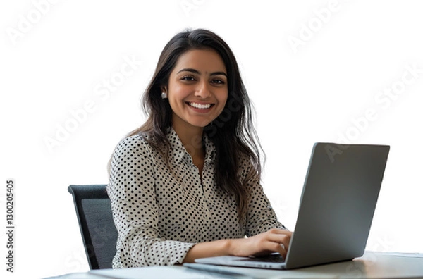 Fototapeta A photo of an attractive Indian woman sitting at her desk in front of a laptop transparent background (3)