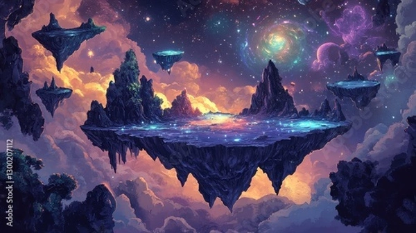 Fototapeta Floating islands and starry space dominate this beautiful fantasy landscape view