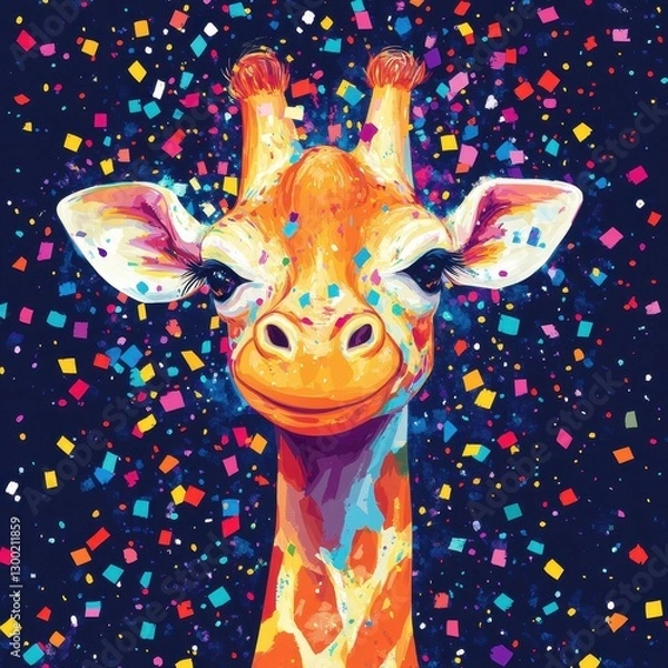 Fototapeta A colorful happy giraffe surrounded by sparkling confetti particles