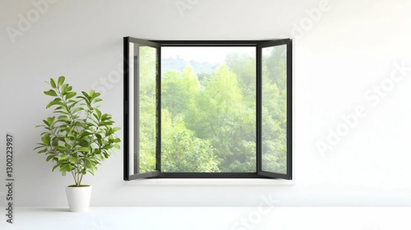 Fototapeta Open Black Framed Window with Green Foliage View and Potted Plant on White Wall