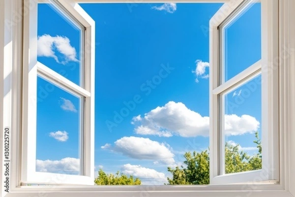 Fototapeta Embracing New Horizons - Open Window in Empty Field Signifying Fresh Perspectives and Opportunities with Blue Sky Background