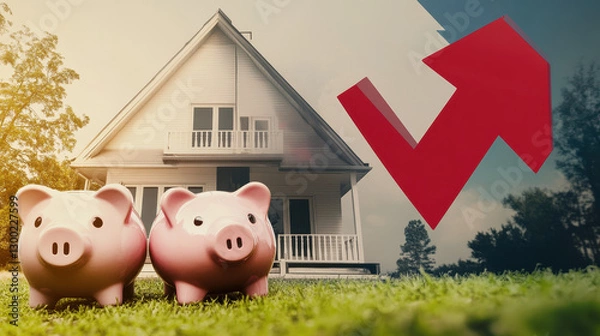 Fototapeta piggy banks and a house with an arrow pointing up, representing rising home prices in the real estate market
