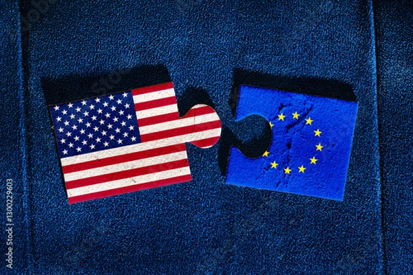 Fototapeta USA vs EU. Tensions Between the United States of America and European Union. Disconnected Puzzle Pieces Symbolize Broken Relations and Geopolitical Disputes.