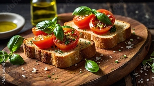 Fototapeta A crispy slice of toasted bread topped with freshly diced tomatoes, basil, garlic, and a drizzle of extra virgin olive oil, served on a rustic wooden board.