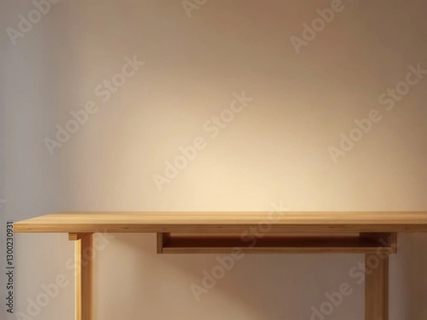 Fototapeta 真っ白い壁の背景にウォールウッドの机