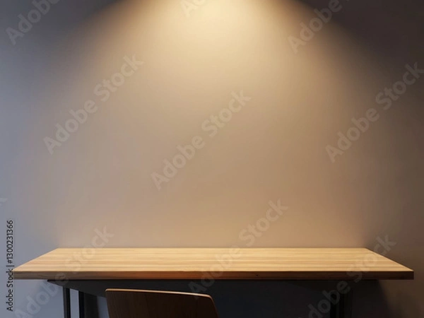 Fototapeta 真っ白い壁の背景にウォールウッドの机