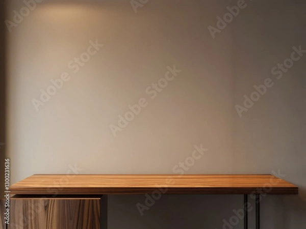 Fototapeta 真っ白い壁の背景にウォールウッドの机