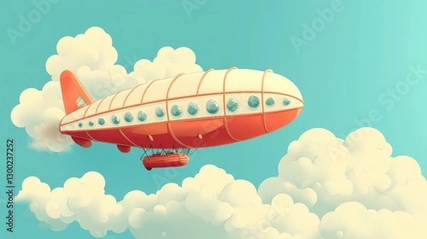 Fototapeta A cartoon airship flying high among fluffy white clouds in the sky